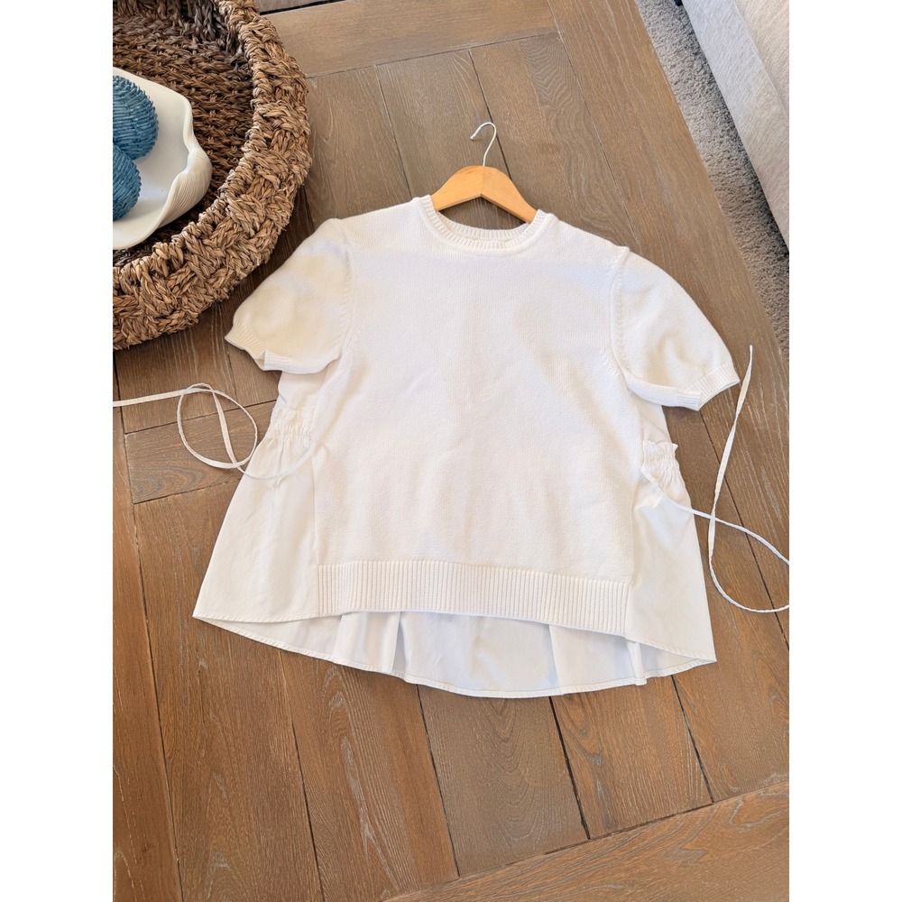 ADEAM Short Sleeve Mixed Media Knit Top Women White Small